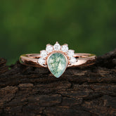 Unique Pear Cut Halo Moss Agate Engagement Ring Bezel Cluster Ring